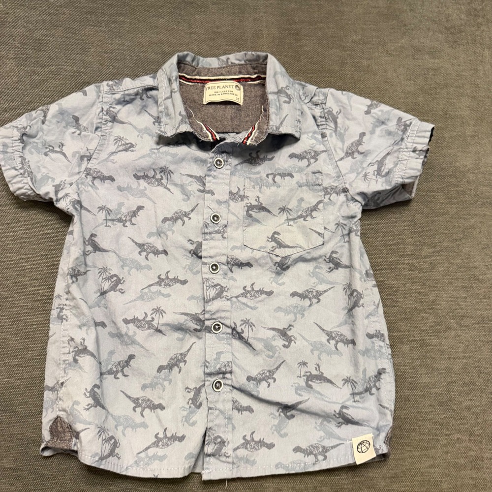 Free Planet Boy 3T Blue Dinosaur Palm Tree Cotton Short Sleeve Button Down Shirt